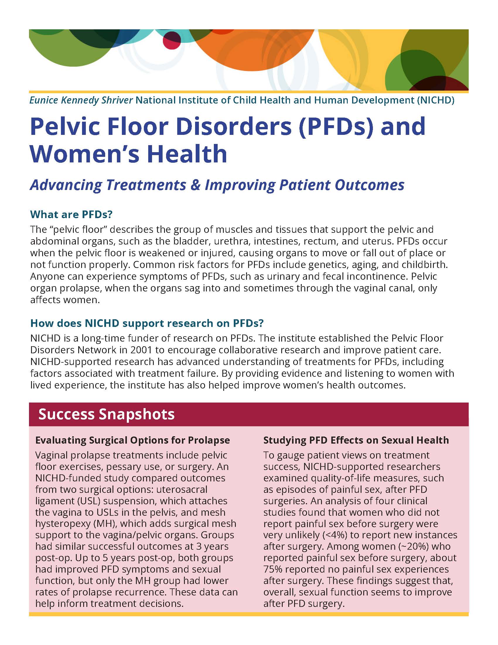 Front side of the "Pelvic Floor Disorders (PFDs) and Women's Health" fact sheet
