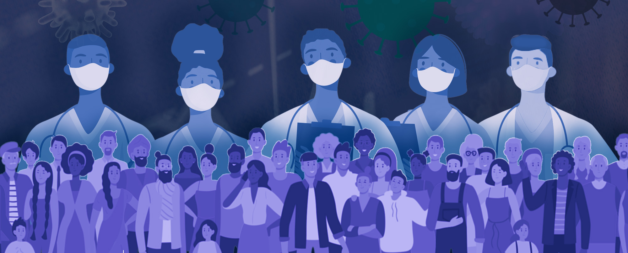Conceptual illustration of healthcare providers and researchers wearing masks superimposed over a crowd of diverse people.