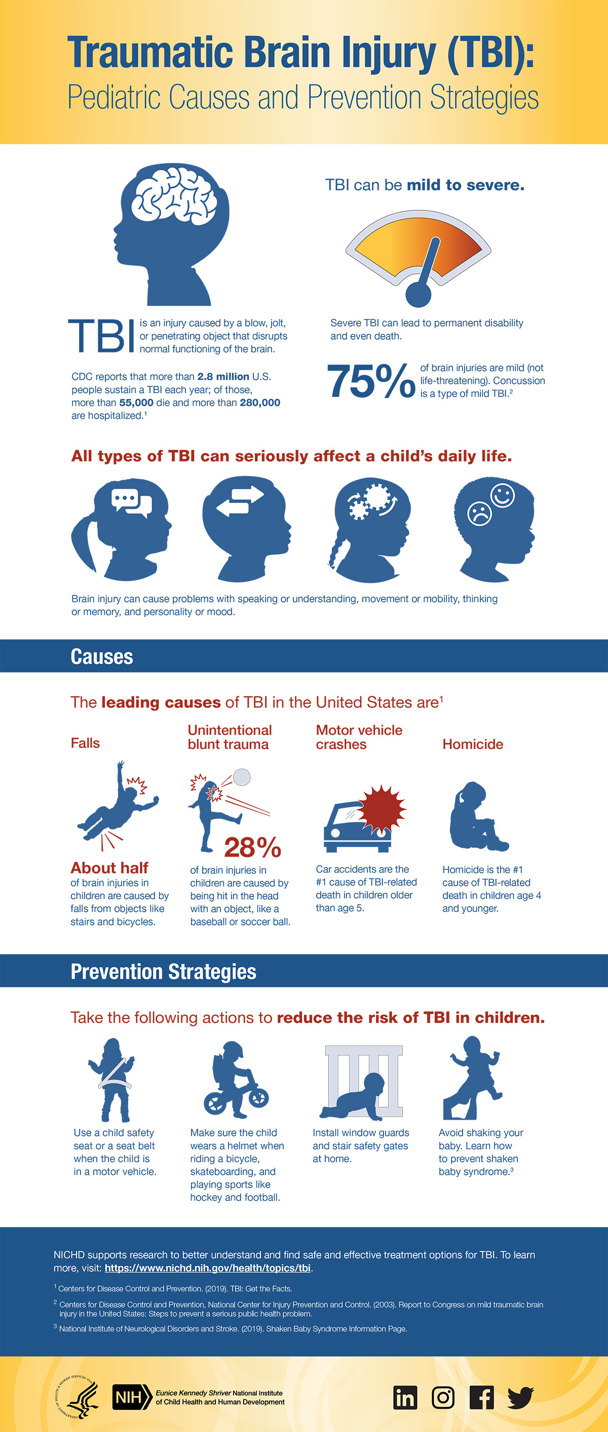 This infographic presents the leading causes of traumatic brain injury (TBI) in children and offers key TBI prevention strategies.