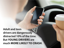 Teen holding cell phone with Caption explaining that while both adults and teens are dangerously distracted 10 percent of the time, teens are more likely to crash.