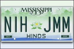 Mississippi lisence plate with "NIH JMM"
