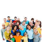 Portrait of a large group of a mixed age people smiling and embracing together.