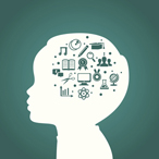 Illustration of silhouette of young child with various objects, like music notes, books, pencil, computer, science, superimposed where brain would really be.