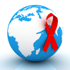 Globe and red AIDS ribbon; Europe and Africa view.