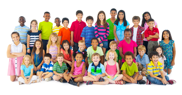 Large group of children of different ages, sizes, and ethnicities wearing different colored shirts. Some are sitting, and some are standing.