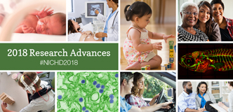 Infocard has the text '2018 Research Advances #NICHD2018' in a green box surrounded by various images