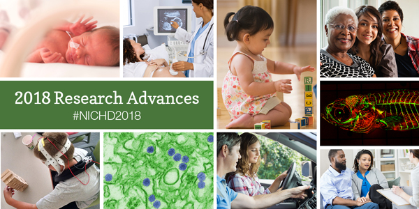 Infocard has the text "2018 Research Advances #NICHD2018" in a green box surrounded by various images
