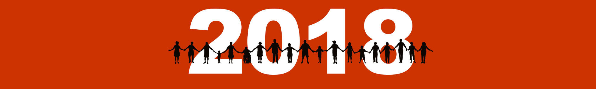 A line of people varying in age, sex, and disability. Behind them is the year, "2018."