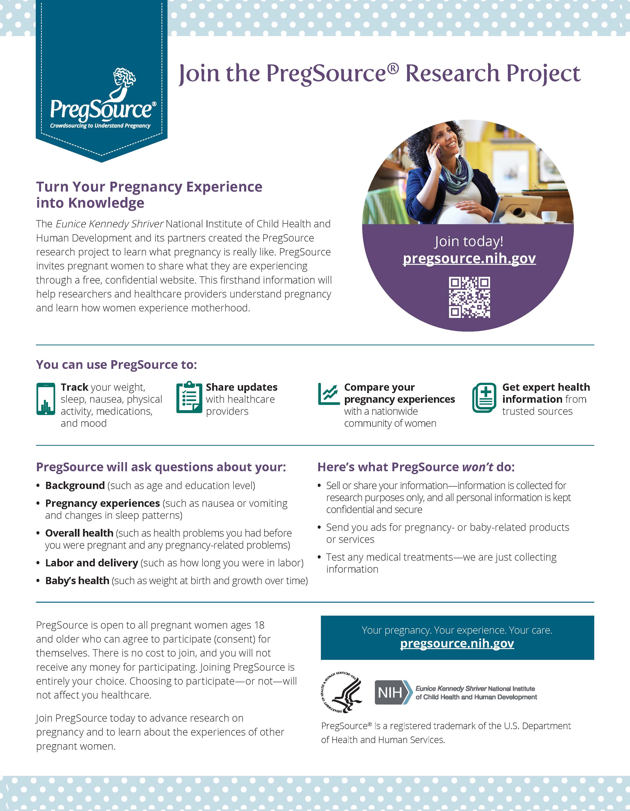 Handout for pregnant women about the PregSource: Crowdsourcing to Understand Pregnancy research project.