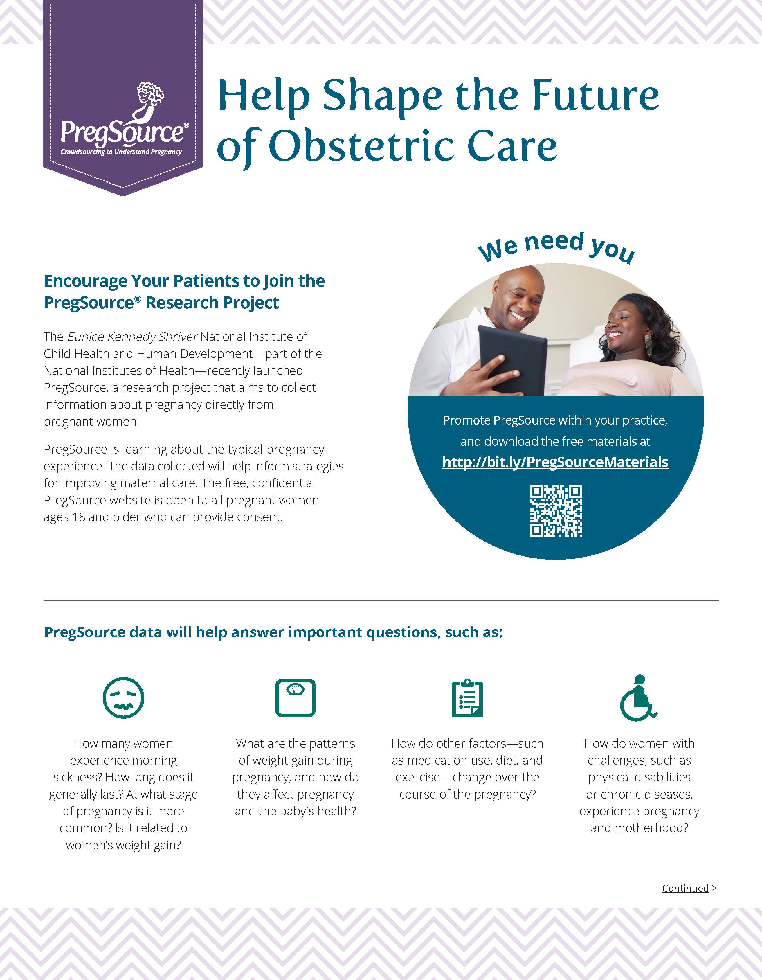 Side 1 of 2-sided handout for providers about the PregSource: Crowdsourcing to Understand Pregnancy research project.