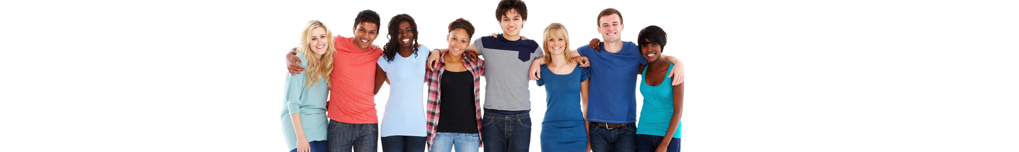 Multi-ethnic group of teenagers stand in a row with arms around one another.