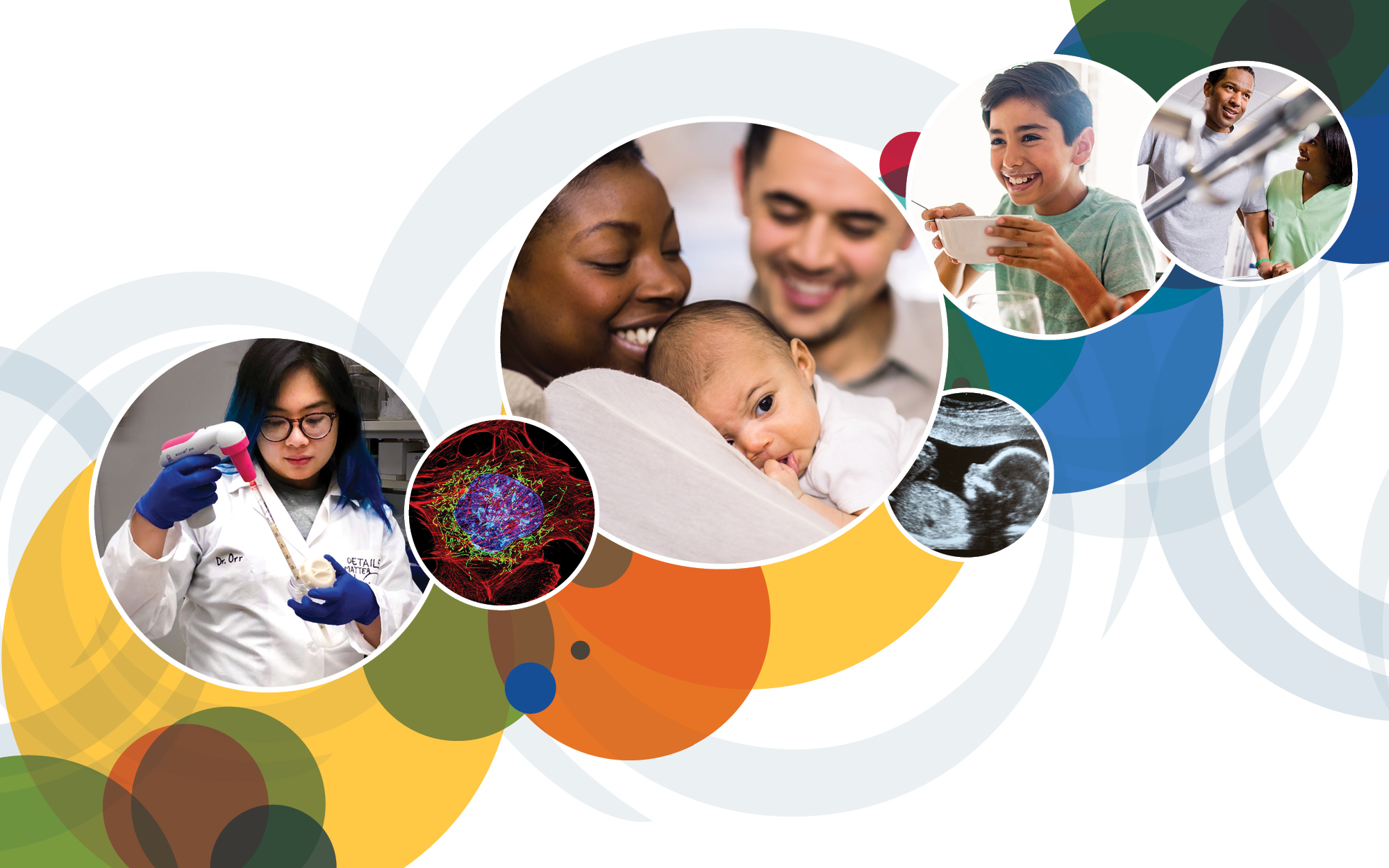 Series of circled snapshots of families and a scientist in a lab.
