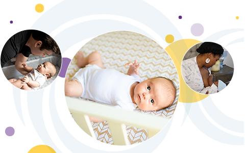 A series of multicolored circles behind three overlapping circular images. From left to right: a father putting his baby down for sleep over a crib; a baby looking up from the crib; and a mother breastfeeding her baby.