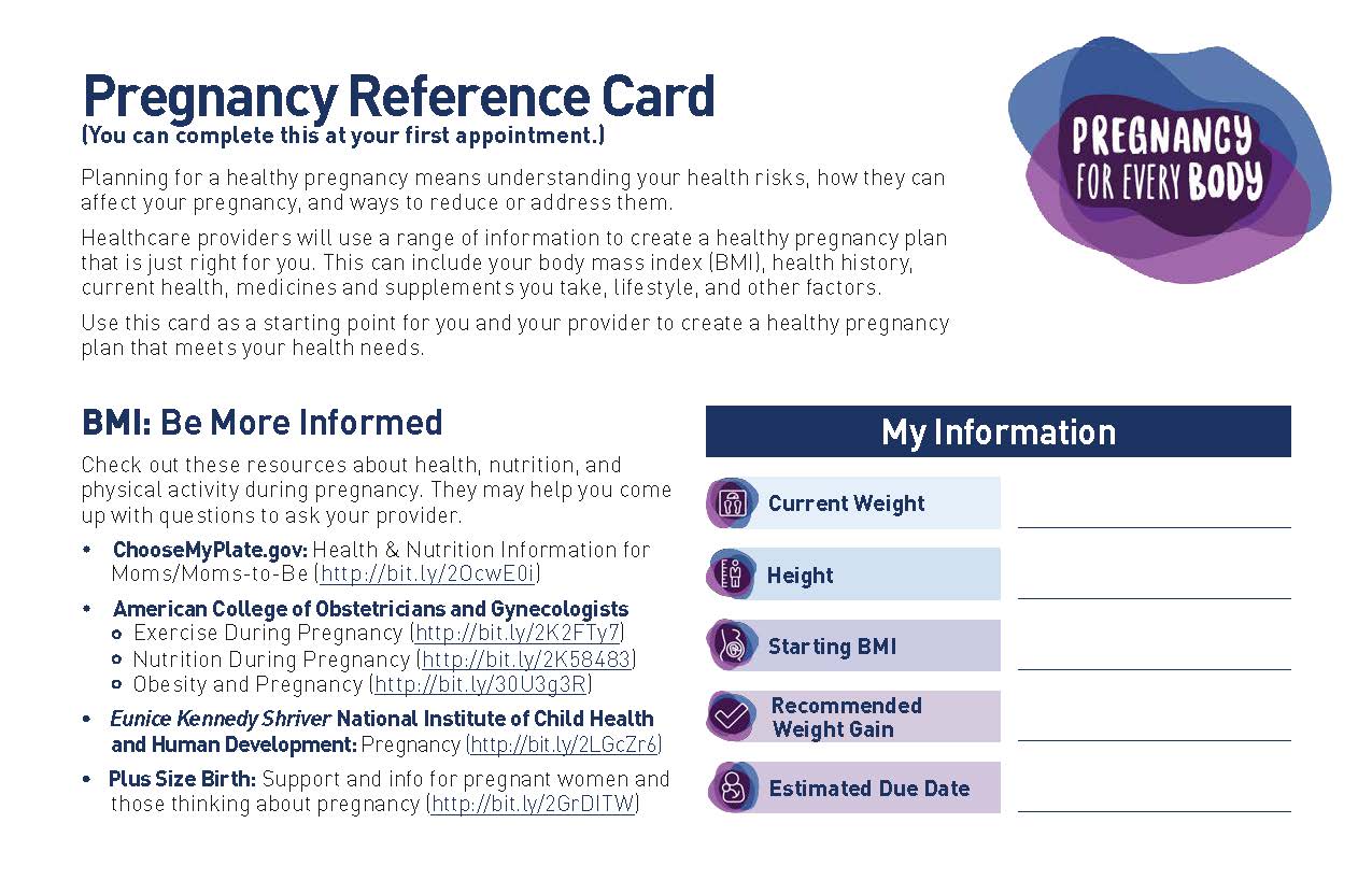 Front page of the Pregnancy for Every Body Reference card