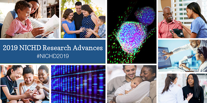 Infocard has the text '2019 Research Advances #NICHD2019' in a blue box surrounded by various images.