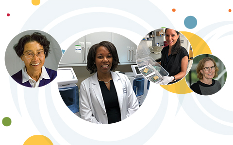 A series of multicolored circles behind four overlapping circular images. From left to right: NICHD researchers Dr. Keiko Ozato, Dr. Marissa Lightbourne, Dr. Alejandra Boronat-Garcia with moth larvae, and Dr. Mary Dasso.