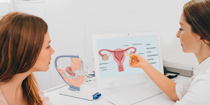 A healthcare provider shows a patient a graphic illustrating the pathway of endometriosis.