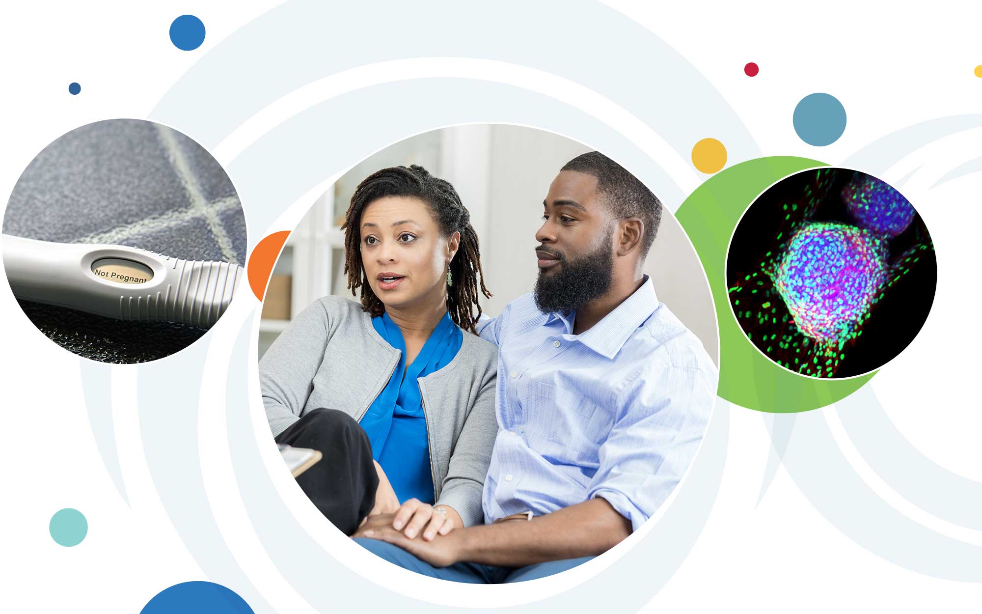 A series of multicolored circles behind four overlapping circular images. From left to right: a pregnancy text that says, “Not Pregnant”; a couple talking to a healthcare provider; a bioprosthetic ovary.