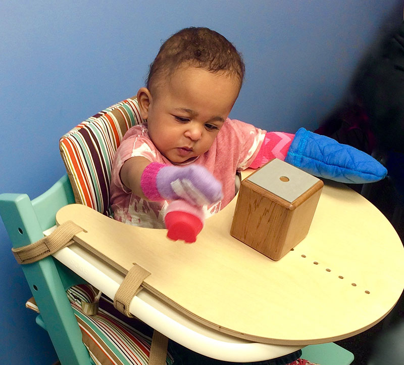 A toddler in a high chair, playing with toys.