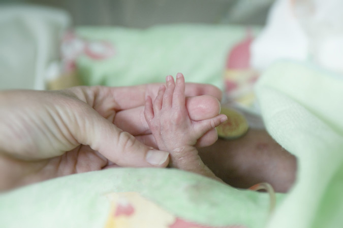 Preterm infant’s hand gripping an adult’s fingers.