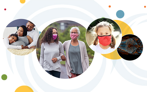 A series of multicolored circles behind four overlapping circular images. From left to right: a family of three bonding together; two women walking outside while wearing masks; a young child with a mask on; and the head of a zebrafish. 