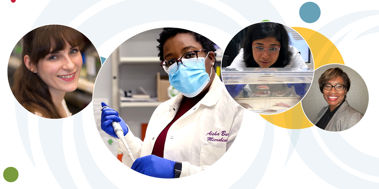 A series of multicolored circles behind four overlapping circular images. From left to right: NICHD researchers Dr. Laura Pillay, Dr. Aisha Burton, Dr. Amrita Mandal, and Dr. Perdita Taylor-Zapata.