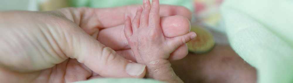 Newborn baby’s hand holding onto the fingers of an adult’s hand. 