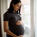 Pregnant person facing a window.