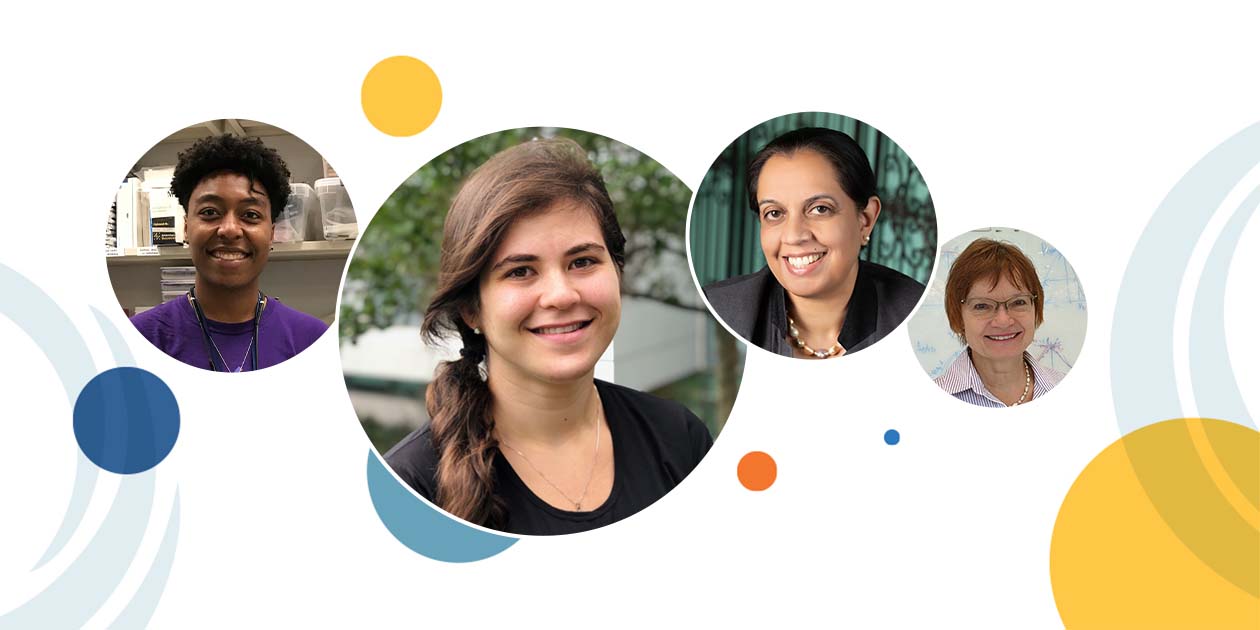 A series of multicolored circles behind four overlapping circular images. From left to right: NICHD researchers Kyla Roland, Mor Alkaslasi, Dr. Una Grewal, and Dr. Tatiana Rostovtseva.