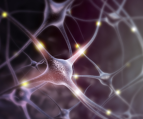 The neurons are gray with periodic flashes of light along the extensions.