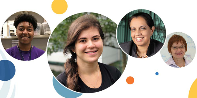 A series of multicolored circles behind four overlapping circular images. From left to right: NICHD researchers Kyla Roland, Mor Alkaslasi, Dr. Una Grewal, and Dr. Tatiana Rostovtseva.