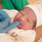 Gloved hand inserting finger inside infant’s mouth.