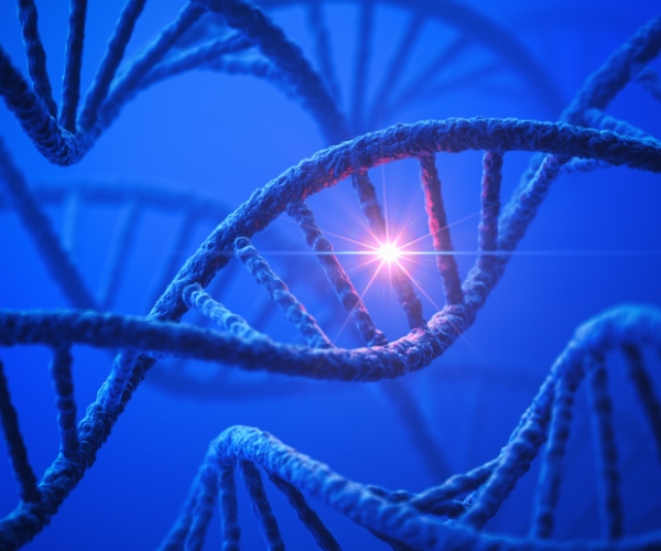 A DNA double helix. A flash of light indicates a mutated base pair. 