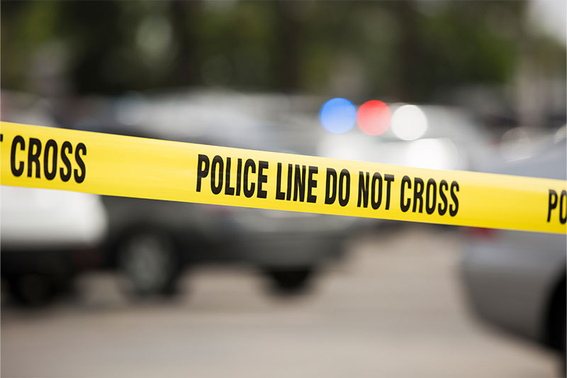 Yellow tape with black text stating “Police line do not cross” in front of out-of-focus police cars and greenery.