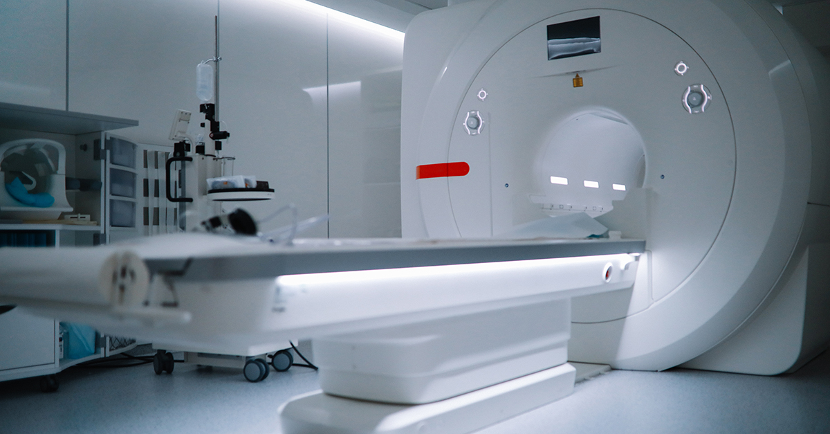 Magnetic resonance imaging machine in a hospital room.