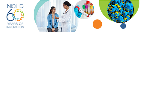 The NICHD 60th Anniversary logo (far left) alongside a series of three images relating to HIV/AIDS research on women and children, including a woman talking to a healthcare provider (left), a gloved hand holding a test tube (middle), and a lab image of an HIV-infected H9 T-cell (right).