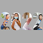 Images of a smiling little boy who has Down Syndrome and is wearing glasses, a pregnant woman showing off her post-vaccination band-aid, a sleeping newborn baby, and a seated woman holding her partner’s hand appear within the numerals “2022” against a grey background.