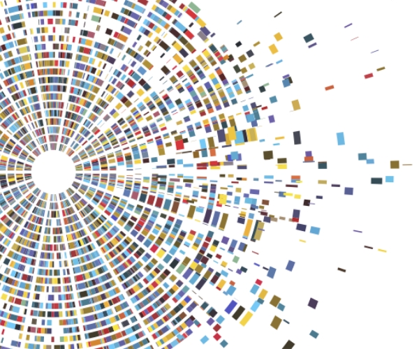 A concentric circle formed with colorful segments of DNA sequencing results. Along the right side, segments of DNA are scattered away from the center of the circle. The image background and bulls-eye are white.