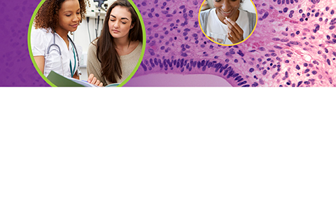 A series of three images relating endometriosis, including a woman talking to a healthcare provider (left), a woman taking medication (top right), and a microscope image of endometrial tissue (background). 