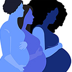 Illustrated silhouettes of three pregnant people. Connecting the Community for Maternal Health Challenge. Logo of the Eunice Kennedy Shriver National Institute of Child Health and Human Development.