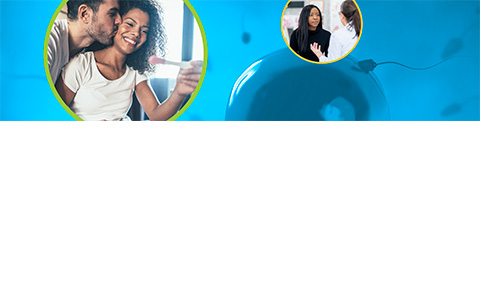 A series of images including two partners smiling at a pregnancy test together (left), and a patient speaking to a healthcare provider (right) in circles over an illustration of sperm fertilizing an egg (background).