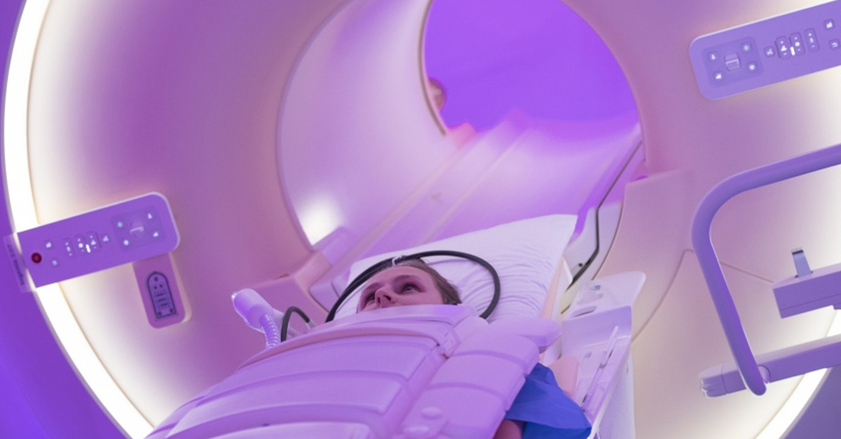 A person in a magnetic resonance imaging scanner.