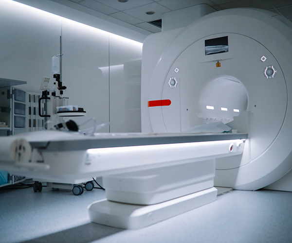 Magnetic resonance imaging machine in a hospital room.