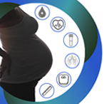 Radx Tech Fetal Monitoring Challenge' and NIH logo 'National Institutes of Health, Turning Disocvery Into Health' appear on the right. On the left, there’s a pregnant person with a series of decorative icons, such as a blood drop, heart, and test tube.