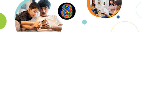 A series of three circular images related to child health and development, including a parent and child looking at a cellphone together (left), a colorful brain scan (middle), and a parent and child meeting with a therapist (right).