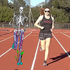 A woman runs on a track toward a man holding a tablet while two smartphones record her motion. An illustration of a moving skeleton appears next to the woman.