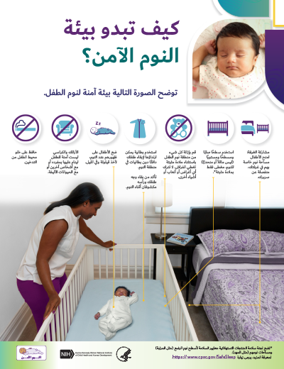 Front side of the What does a safe sleep environment look like? handout in Arabic