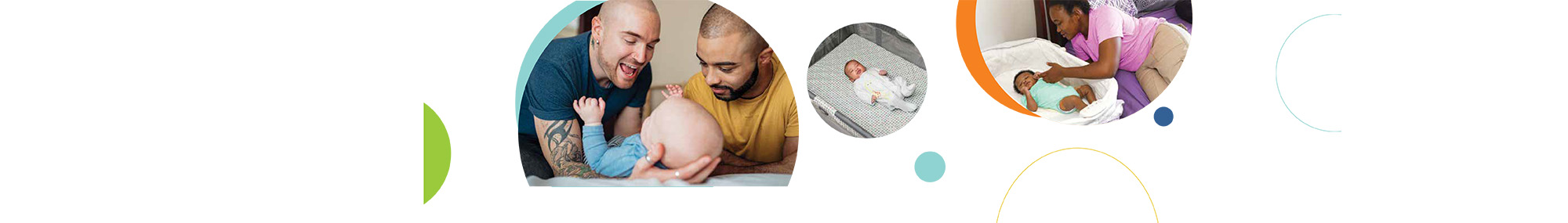 A series of three circular images related to safe infant sleep, including two caregivers playing with an infant (left), an infant sleeping on their back in a clear crib (center), and a caregiver leaning over a bedside crib (right).