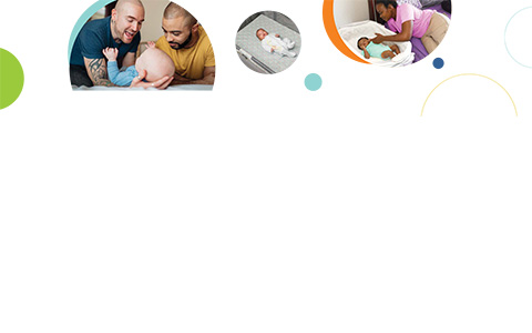 A series of three circular images related to safe infant sleep, including two caregivers playing with an infant (left), an infant sleeping on their back in a clear crib (center), and a caregiver leaning over a bedside crib (right).