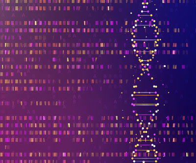 DNA sequencing is visualized as rows of rectangles in shades of purple, orange, and gold along the entire background. On the right side, a DNA strand runs vertical. 